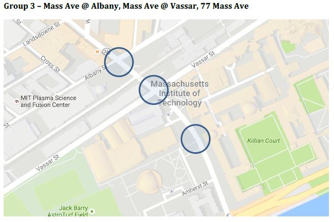 A map of key intersections along Massachusetts Avenue in Cambridge, MA.