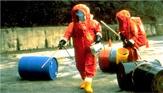 Level A personal protective clothing and equipment for air monitoring and hazardous waste sampling.