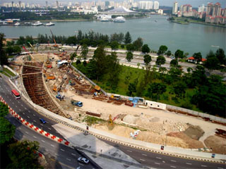 An aerial photo of the collapse of a braced excavation in Singapore, April 2004.
