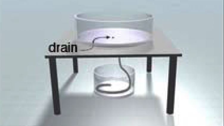 A cylinder with a hose (which hangs down into a pail of water) sitting on a table.