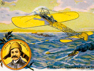 The image is a painting of a yellow old-time airplane flying across a blue ocean. At the lower left bottom is a portrait of the pilot with a name of Louis Bleriot written around the portrait.