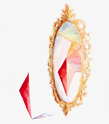 A polygon is in front of a mirror with lots of polygons inside.