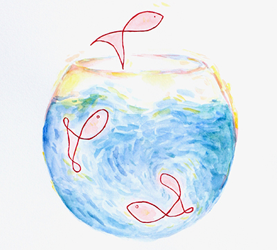 A fish jumping out of the fish tank and two fish are still in the tank.