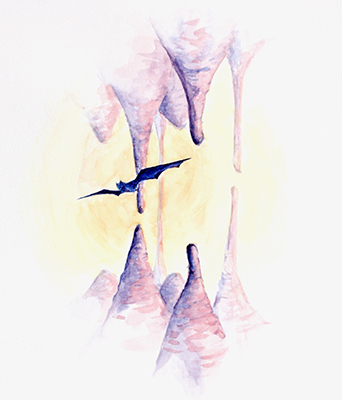 An eagle flying between the stalagtites.