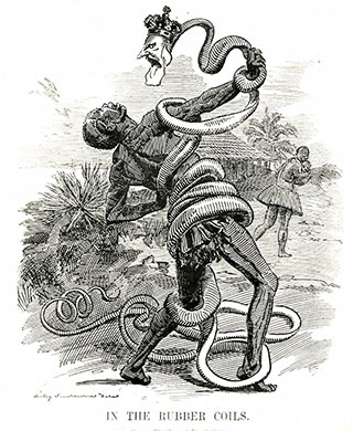In a black and white sketch, a very long serpent bearing the head of a crowned pale-faced man, wraps itself around a struggling dark-skinned native.