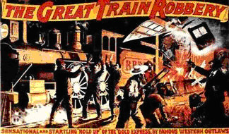 Poster image for The Great Train Robbery, with a stopped steam locomotive and bandits with guns.