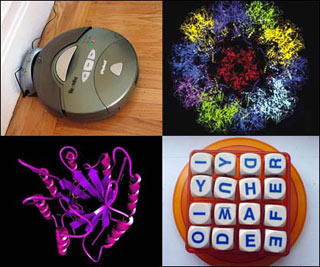 Four small images: a virus structure, a Roomba robot, a protein structure, and a word game.