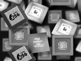 A photo featuring many computer processors in black and white