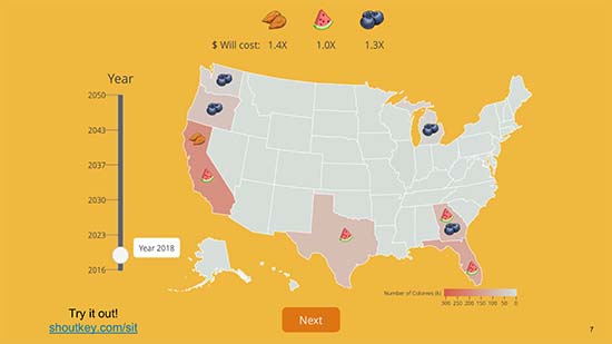 Map of US highlighting states where bee-dependent food crops are grown.