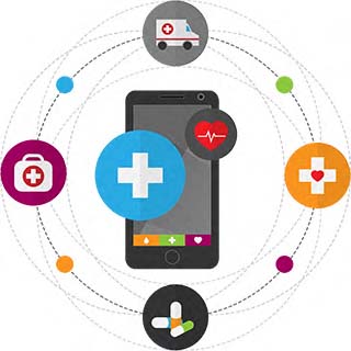 An illustration of a mobile phone, surrounded by several small icons of an ambulance, medical cross symbol, medicine, and first aid kit, representing health care apps.