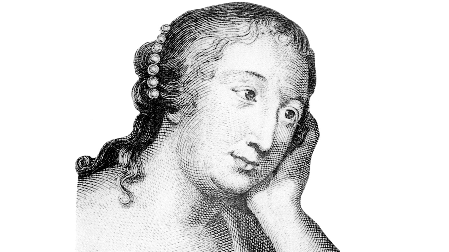 Black and white engraving of a woman in a relaxed pose.