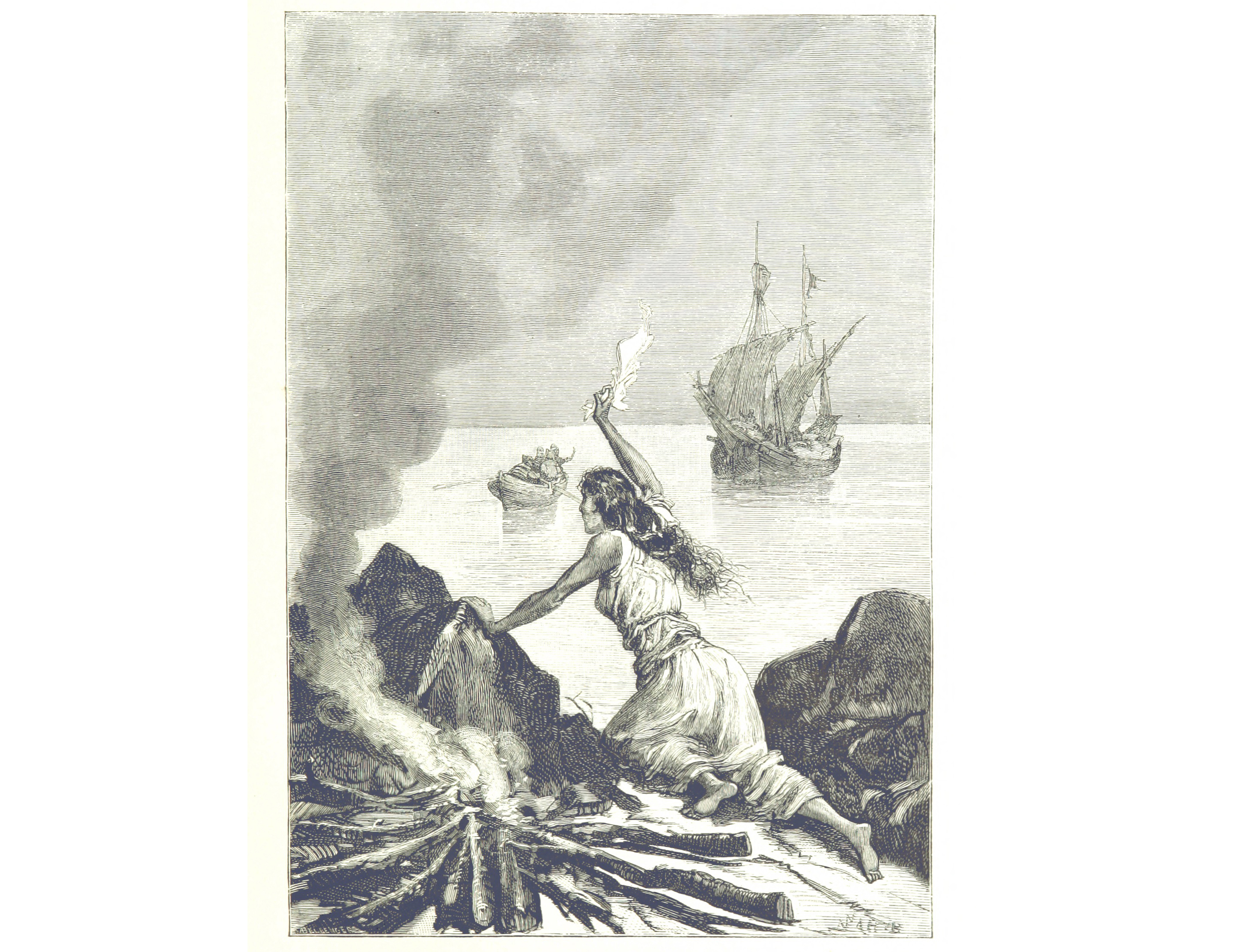 Illustration of Marguerite de Roberval on the island signaling a ship in the distance.