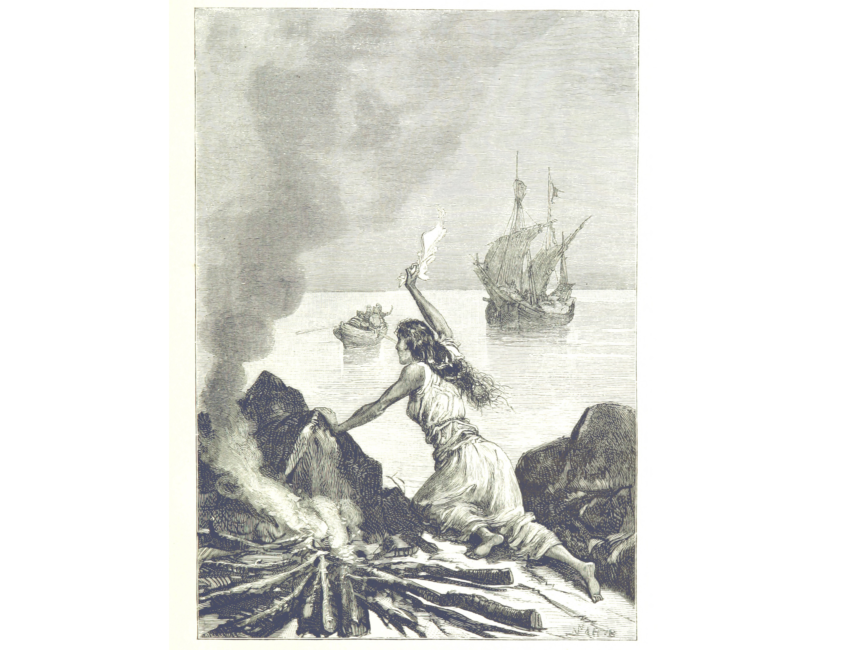 Illustration of Marguerite de Roberval on the island signaling a ship in the distance.