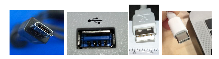 Photographs (from left to right) of a MicroUSB cable end, USB Type A port, USB Type B cable end, and USB Type C cable end.